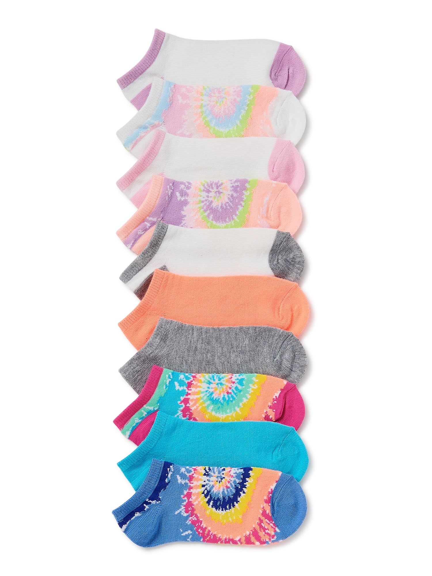Wonder Nation Girls Rainbow Tie-Dye No-Show Socks, 10-Pack, Sizes S-L - Walmart.com | Walmart (US)