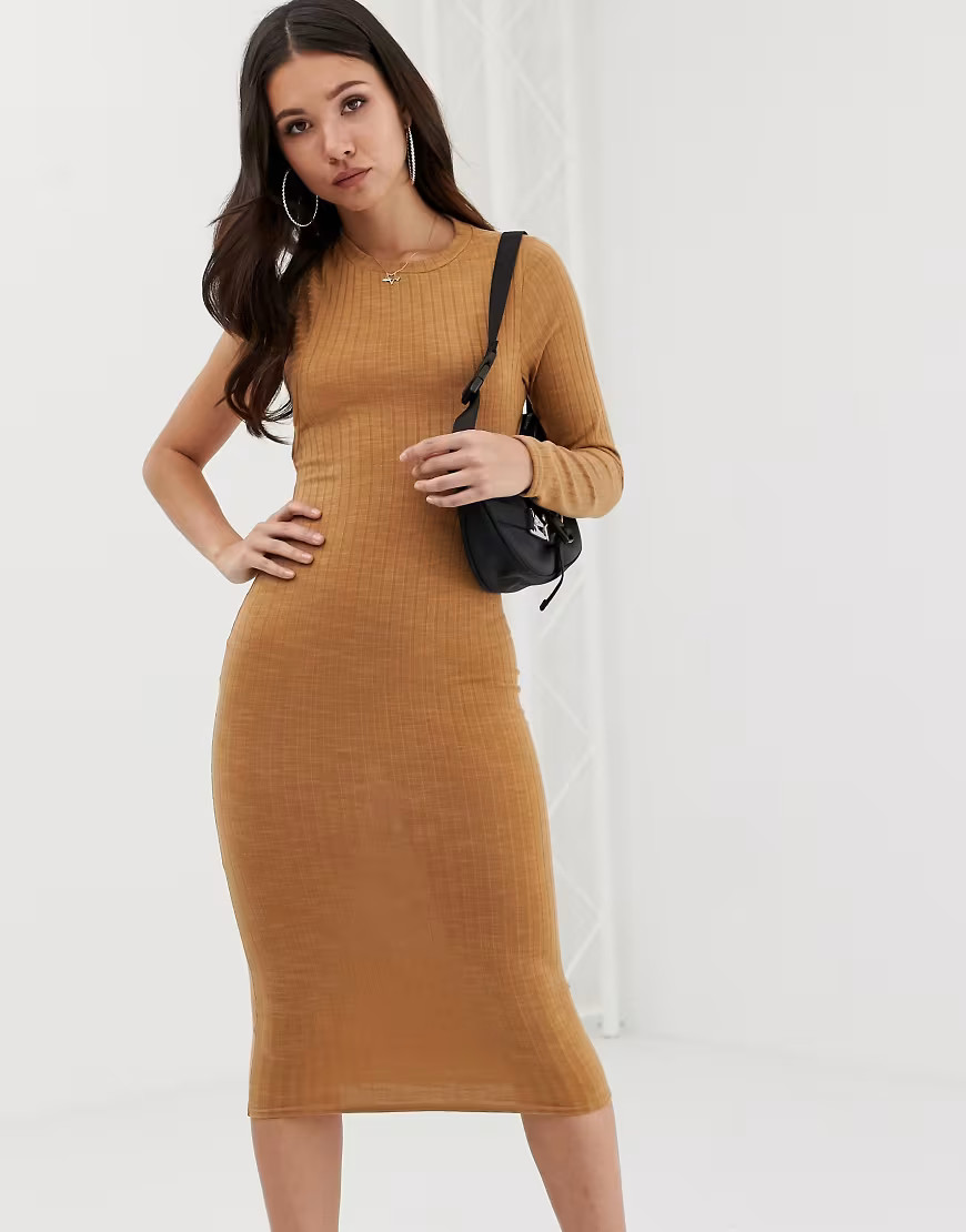 ASOS DESIGN midi rib dress with open back-Beige | ASOS (Global)