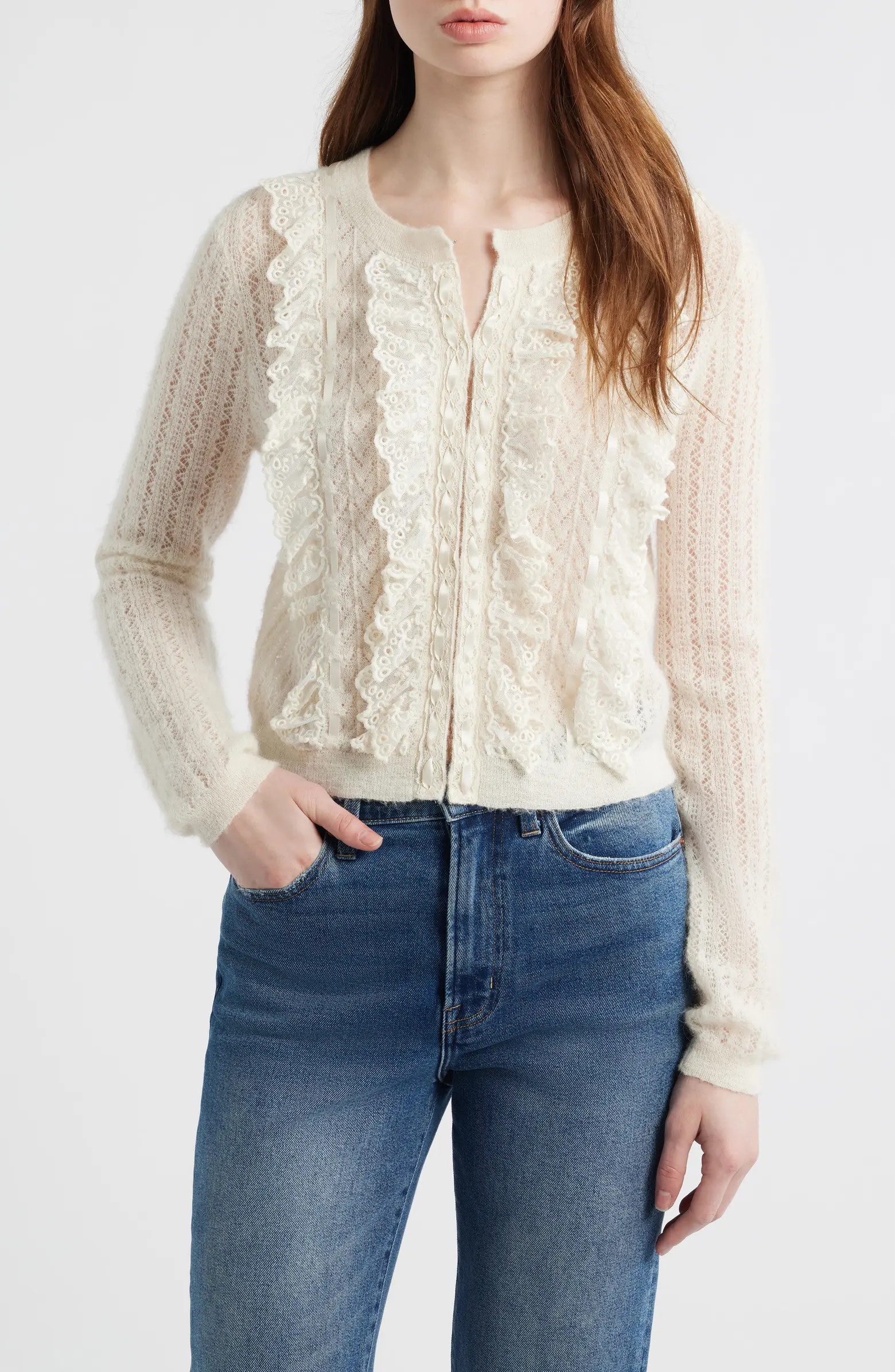 LoveShackFancy Melisse Lace Ruffle Alpaca & Wool Blend Cardigan | Nordstrom | Nordstrom