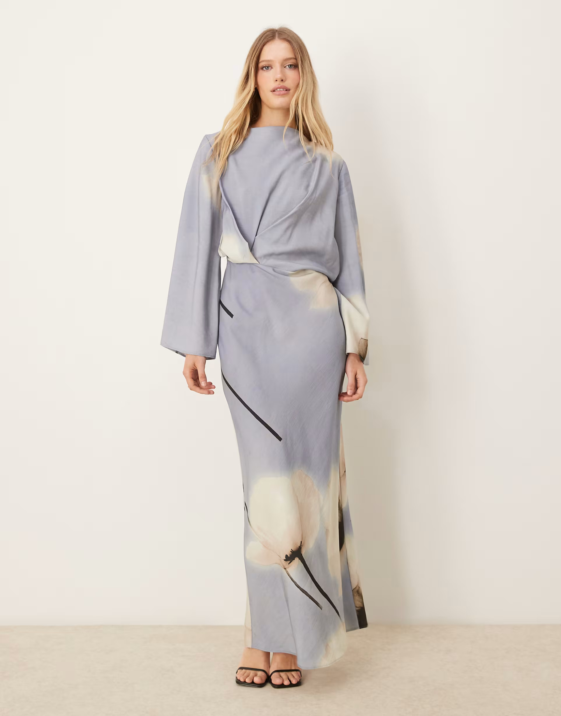 ASOS DESIGN long sleeve tucked waist bias maxi dress in blue bold floral print | ASOS (Global)