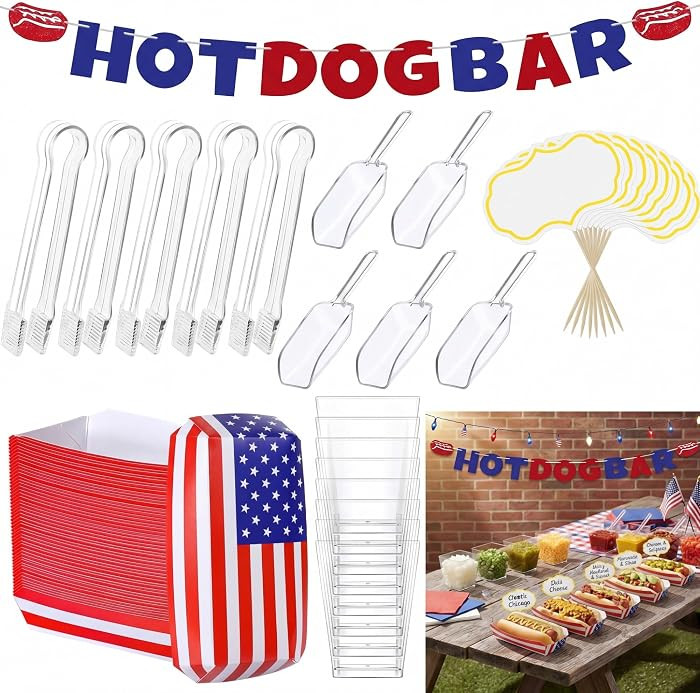 101 Pcs 4th of July Hot Dog Bar Party Supplies Patriotic 250th Anniversary Decor Independence Day Party Kits with Hot Dog Trays Banner Red White Blue Favors for USA Picnics Bbqs American Flag | Amazon (US)