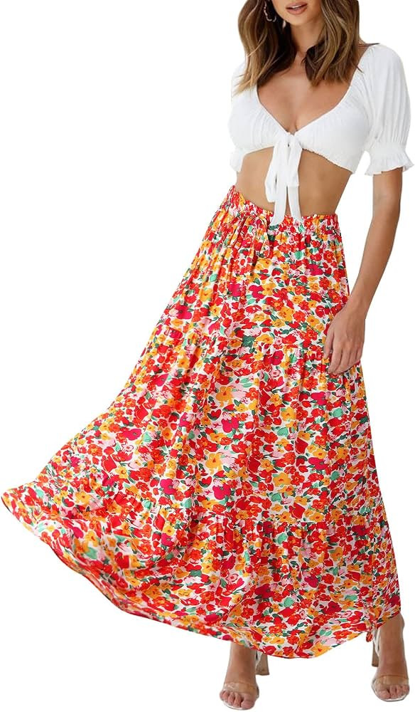 MEROKEETY Women's Boho Floral Print Elastic High Waist Pleated A Line Midi Skirt | Amazon (US)