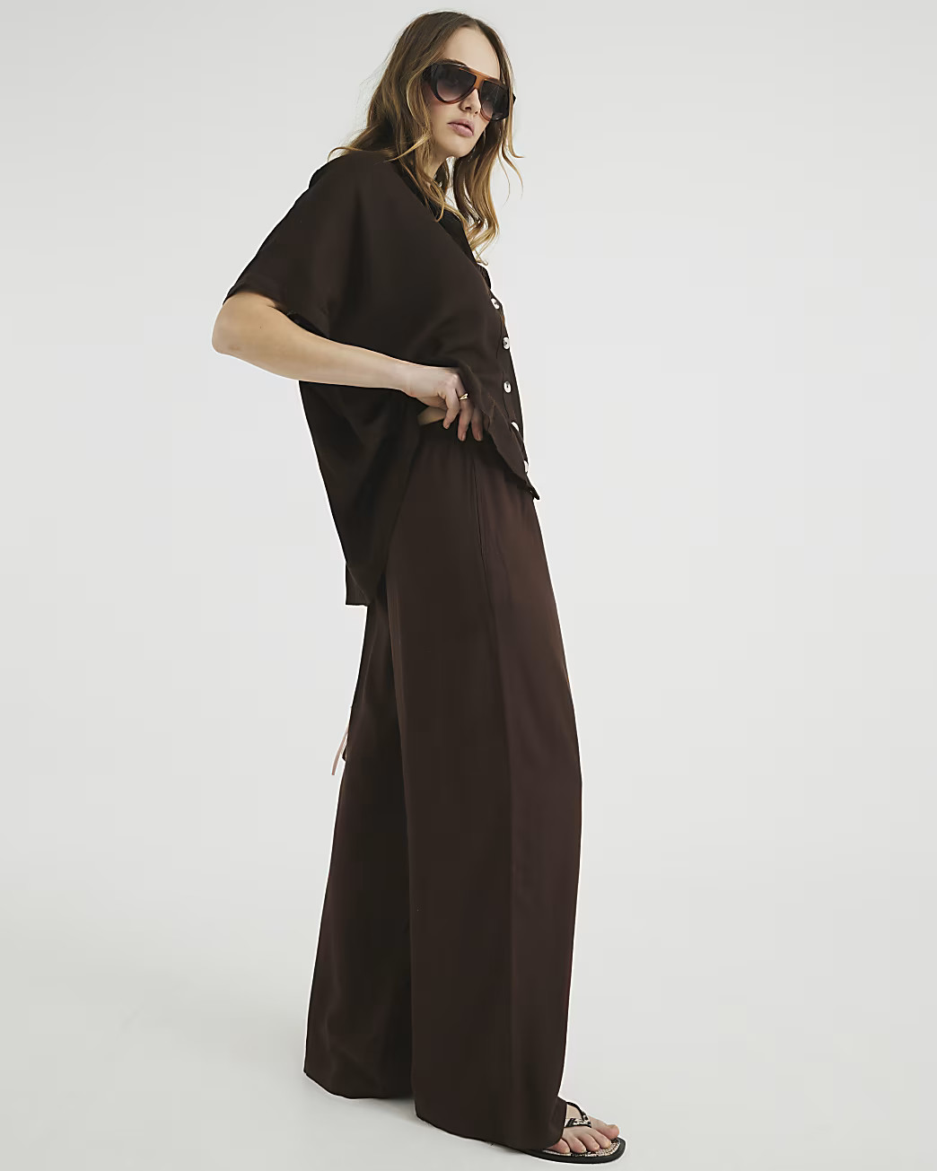 Brown Linen Blend Wide Leg Trousers | River Island UK & IE