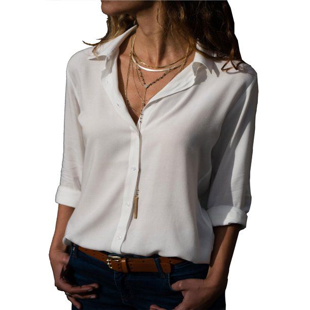 Long Sleeve T Shirt for Women Casual Turn Down Collar T-Shirt Button Front Shirt Oversize Tops Bl... | Walmart (US)