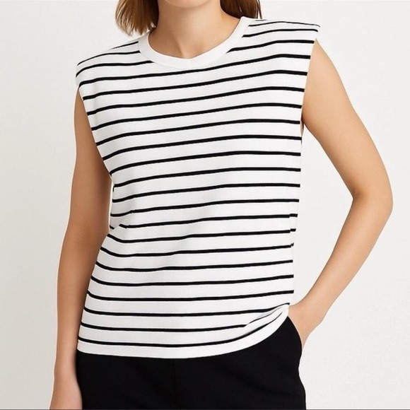 Anthropologie Maeve Black and White Striped Muscle Tee with Shoulder Pads | Poshmark