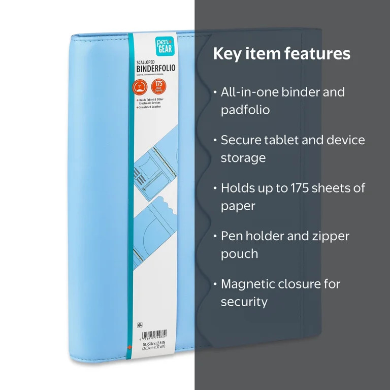 Pen+Gear Scalloped Binderfolio, Sky Blue, 10.75 x 12.6 Inch, Simulated Leather | Walmart (US)