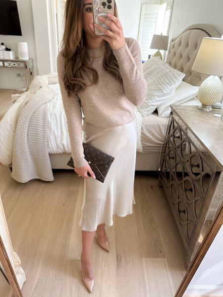 Love this monochromatic look! Classy winter outfit, winter outfit for women, silk skirt, silk skirt outfit, work outfit, dinner date, cashmere, quince, 

#LTKover40 #LTKstyletip #LTKfindsunder100