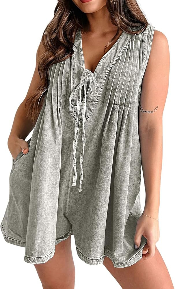 Womens Casual Sleeveless Tie Front Denim Romper Overall Shorts Summer Jean Romper With Pocket | Amazon (US)
