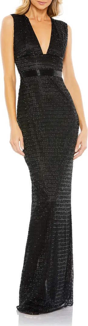 Mac Duggal Elegant Beaded Column Gown with Cap Sleeves & V-Neckline | Nordstrom | Nordstrom