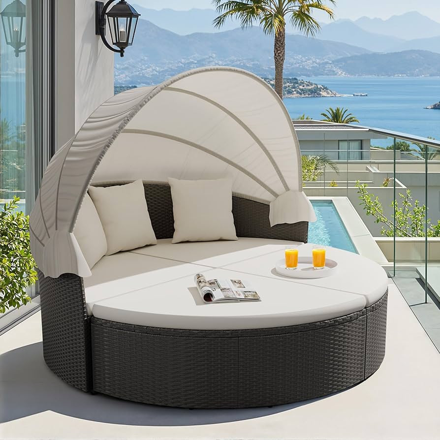 Devoko Patio Furniture Outdoor Round Daybed with Retractable Canopy Wicker Rattan Separated Seati... | Amazon (US)