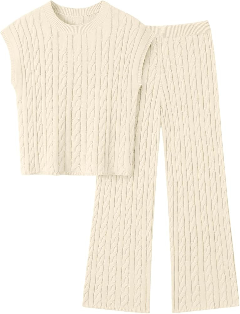 LILLUSORY Womens 2 Piece Cable Knit Lounge Sets Casual Cap Sleeve Knit Top Pants Vacation Outfits | Amazon (US)
