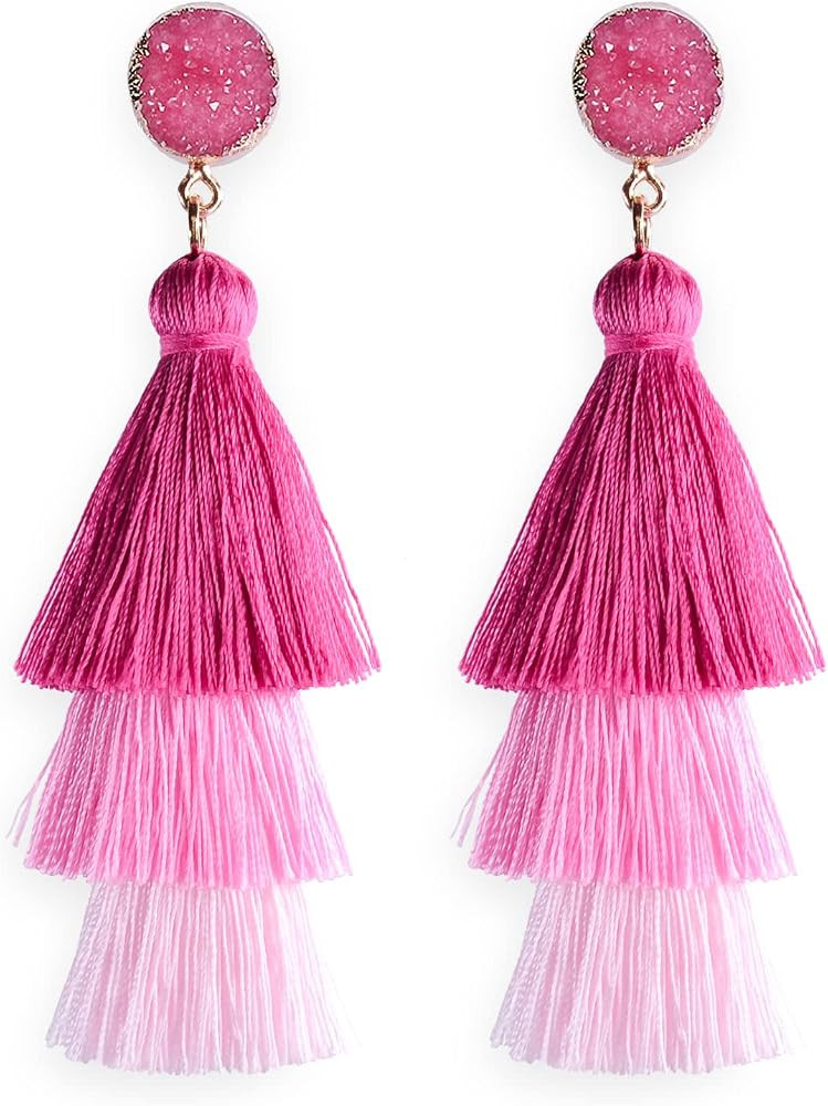 Layered Tassel Bohemian Dangle Earrings, Acrylic Rose Petal Drop Earrings Holiday Festive Costume... | Amazon (US)