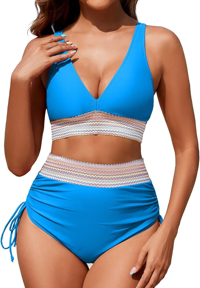 Women's High Waisted Bikini Sets Two Piece Tummy Control Swimsuit Color Block Bathing Suits | Amazon (US)