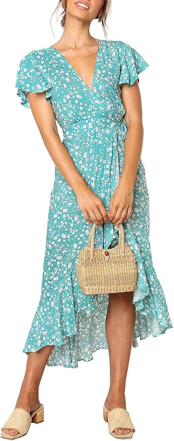ZESICA Women's Summer Bohemian Floral Printed Wrap V Neck Beach Party Flowy Ruffle Midi Dress | Amazon (US)