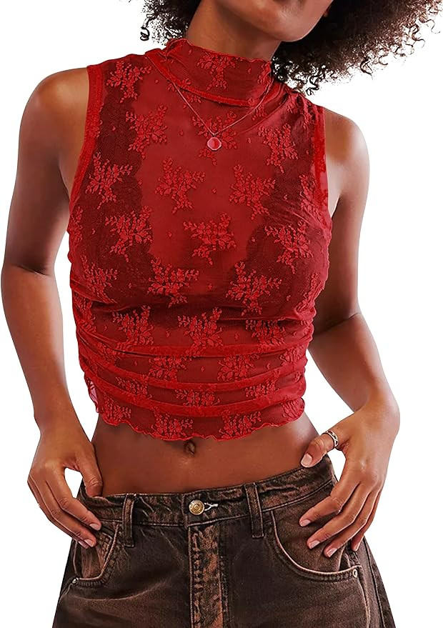Cioatin Women Y2K Sheer Floral Lace Mesh Crop Tops Sleeveless See Through Mock Neck Ruched Lettuc... | Amazon (US)