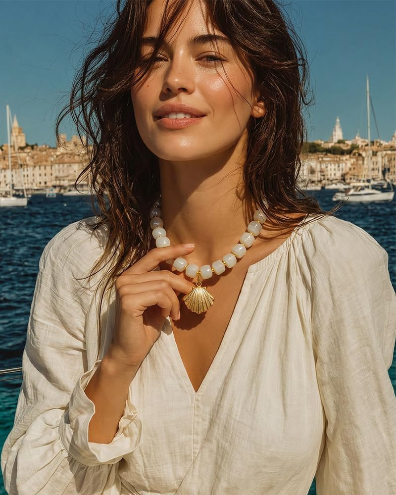 Beach Beaded Necklace for Women Chunky Bead Necklaces with Sun Starfish Conch Shell Fish Pendants... | Amazon (US)