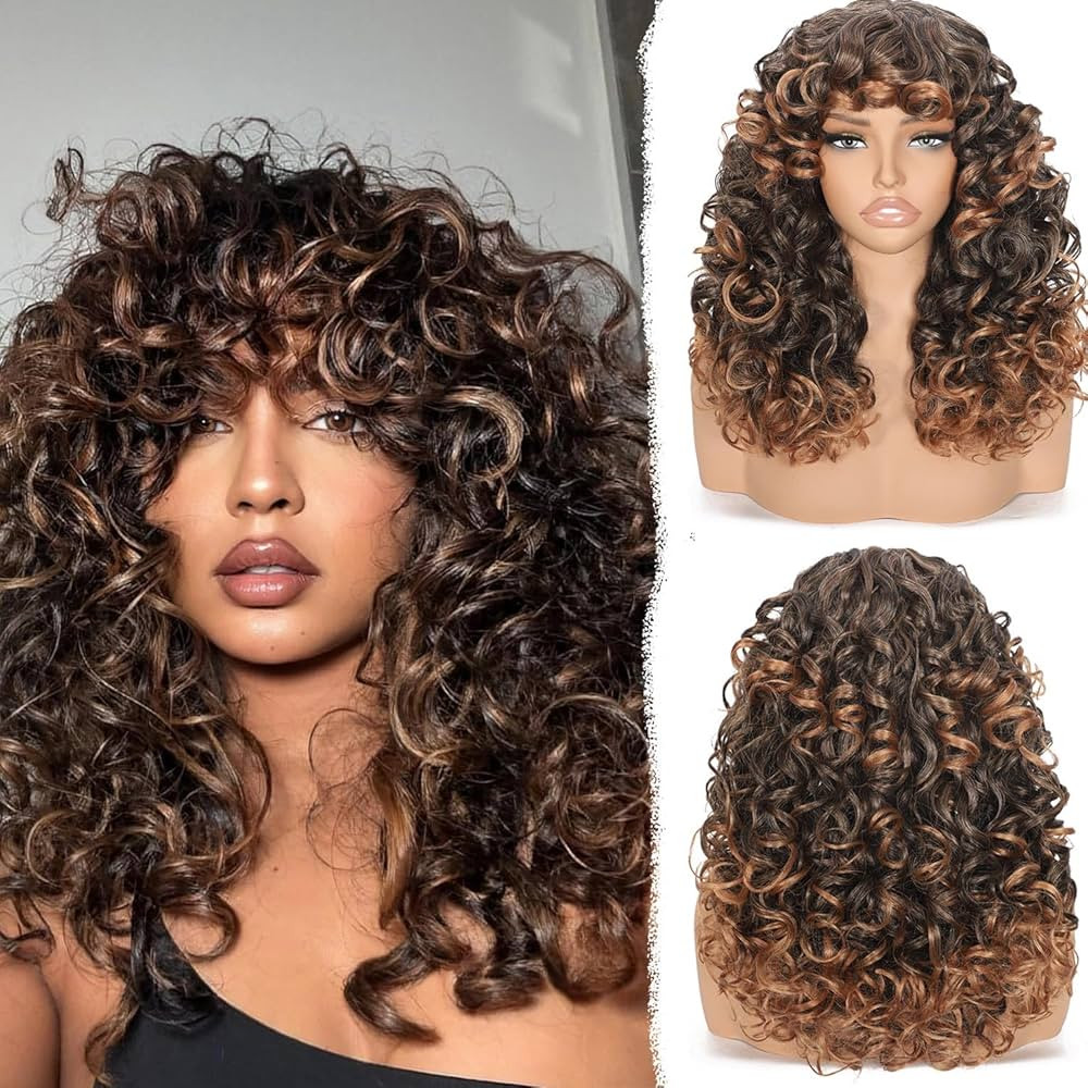 Curly Afro Wig for Black Women Curly Wigs with Bangs 18 Inch Long Curly Afro Synthetic Wig for Co... | Amazon (US)