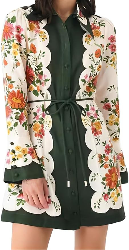 Qikaka Women's Long Puff Sleeve Lapel Button Colorblock Printed Bodycon Sexy Nightclub Party Blou... | Amazon (US)