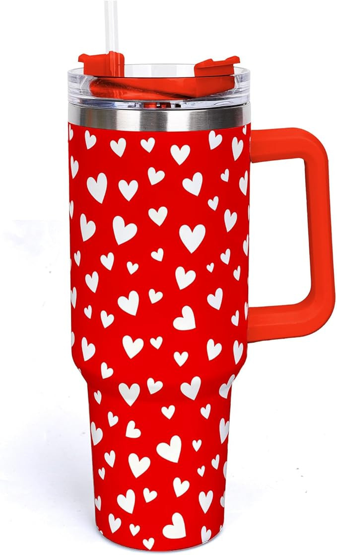 Whaline 40oz Valentine's Day Tumbler with Handle Straw and Lid Travel Tumbler Red White Heart Cof... | Amazon (US)