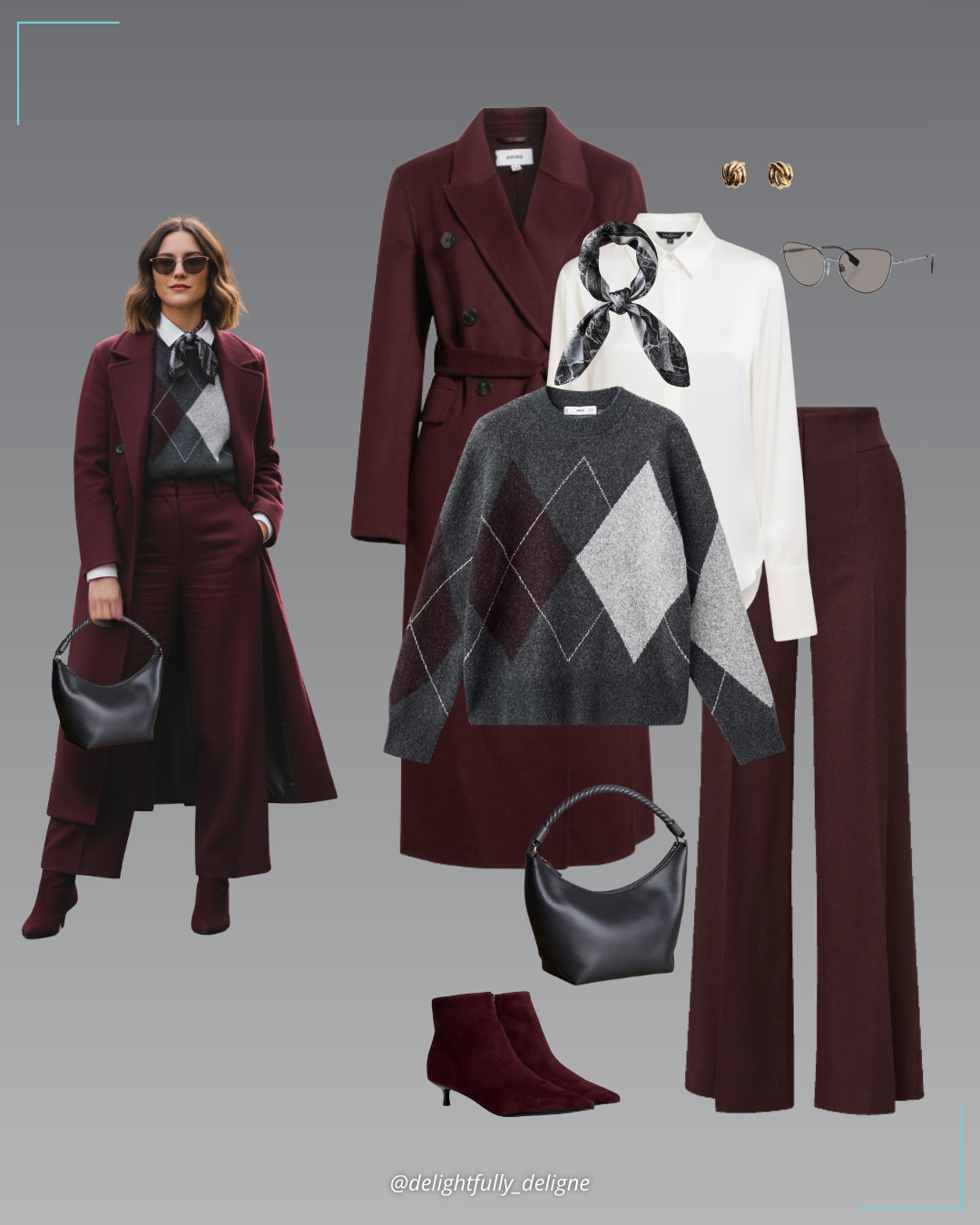 Modern Plum Layers 🩶❤️Medium heather-gray knit sweater, dark currant melange wide-leg pants, burgundy wool-blend coat, white cinched satin shirt, crescent shoulder bag, dark red suede boots, silk square scarf, silver-tone sunglasses & intertwined knot earrings. 

 #LTKgrwm #LTKootd #LTKOver40
