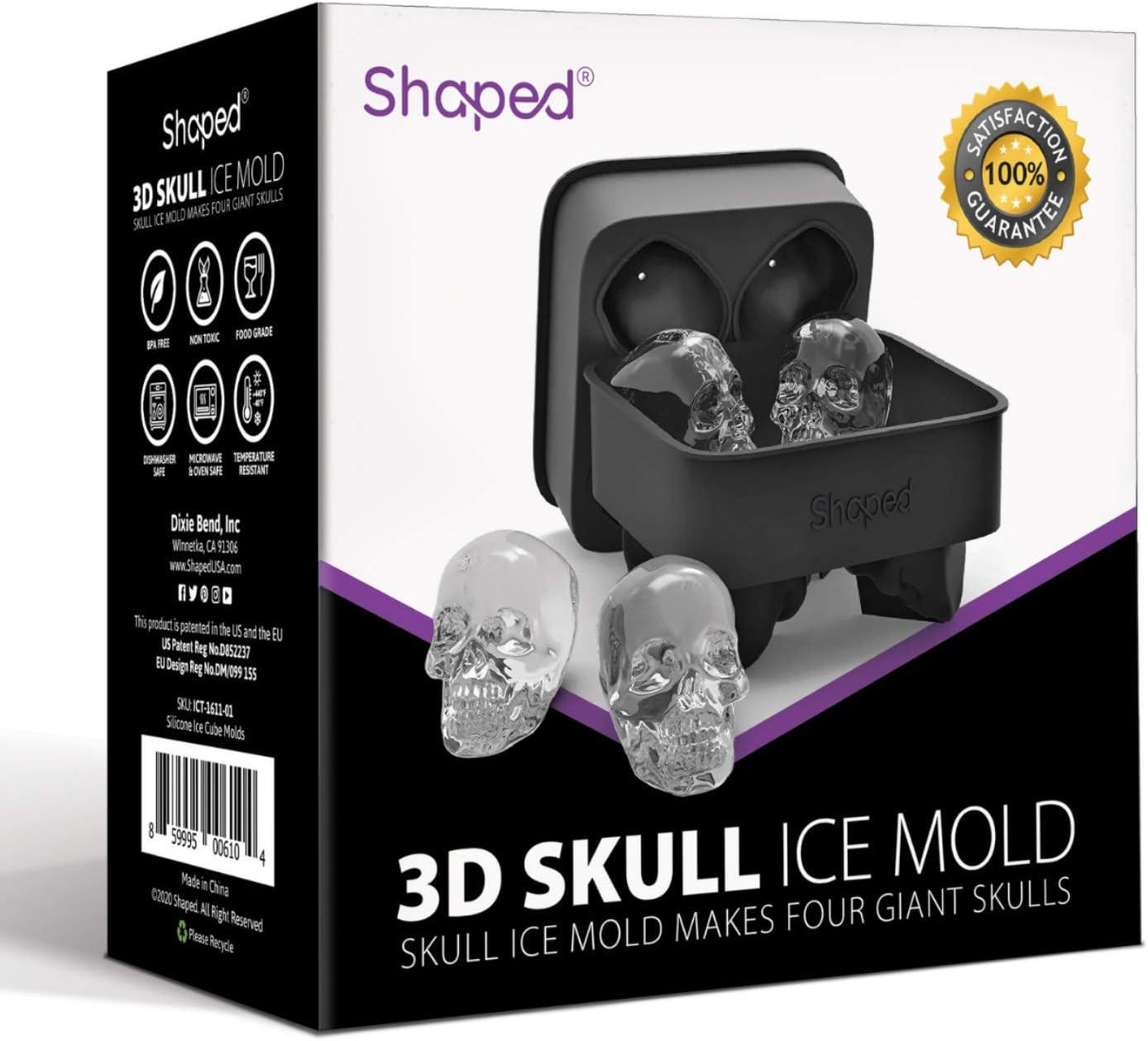 3D Skull Flexible Silicone Ice Cube Mold, Makes Four Giant Skulls, Round Ice Cube Maker (Black) | Amazon (US)