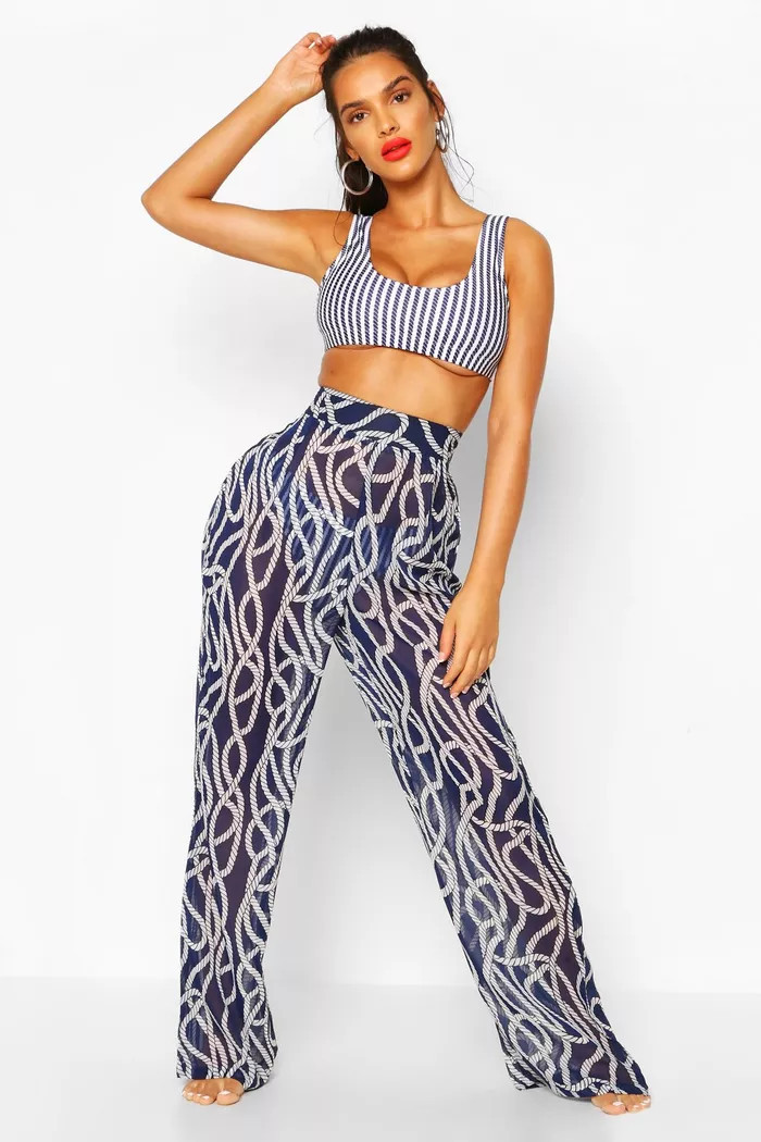 Nautical Rope Print Wide Leg Beach Pants | Boohoo.com (US & CA)