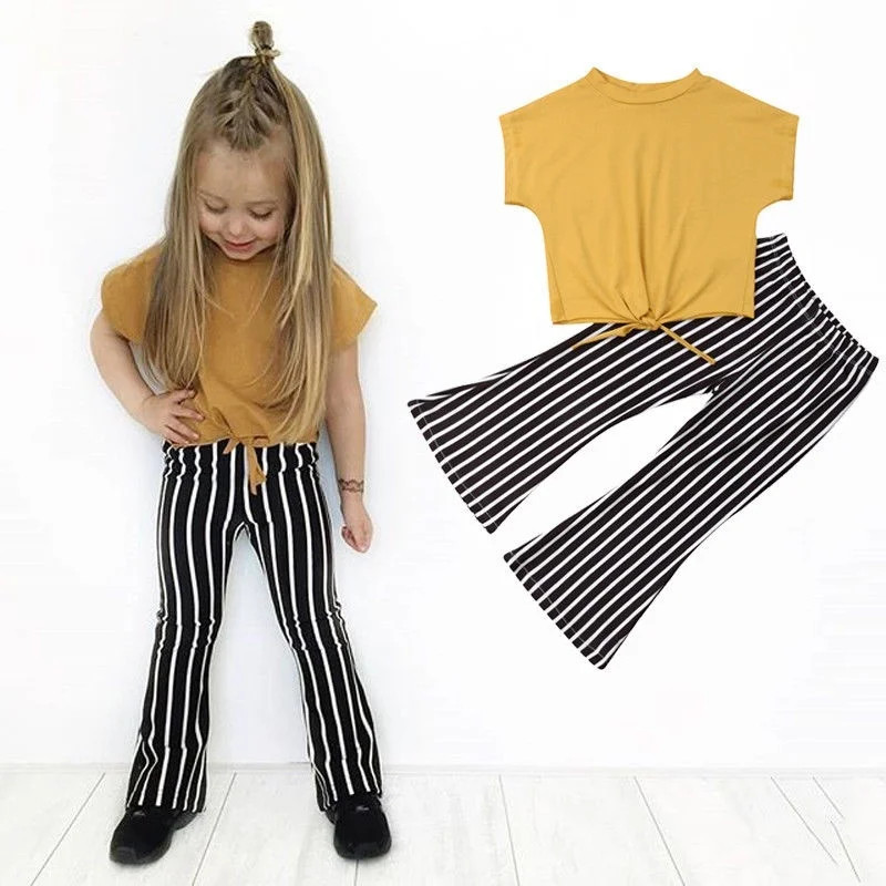 2Pcs Toddler Little Baby Girls Clothing Sets Yellow Tops Shirt and Striped Flare Bell Bottom Pant... | Walmart (US)