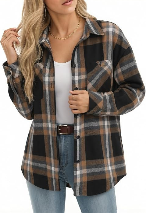 MANGOPOP Women's Oversized Plaid Flannel Button Down Shirt | Amazon (US)