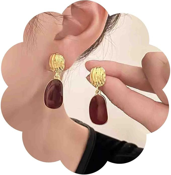 Vintage Oval Enamel Burgundy Earrings Enamel Red Dangle Earring Gold Hammered Disc Stud Earring I... | Amazon (US)