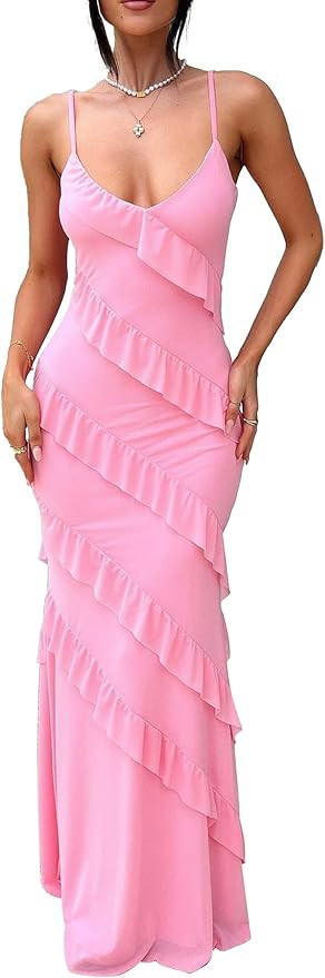 HOCILLE Women's Sexy V Neck Bodycon Spaghetti Strap Elegant Ruffle Maxi Cocktail Party Dresses | Amazon (US)