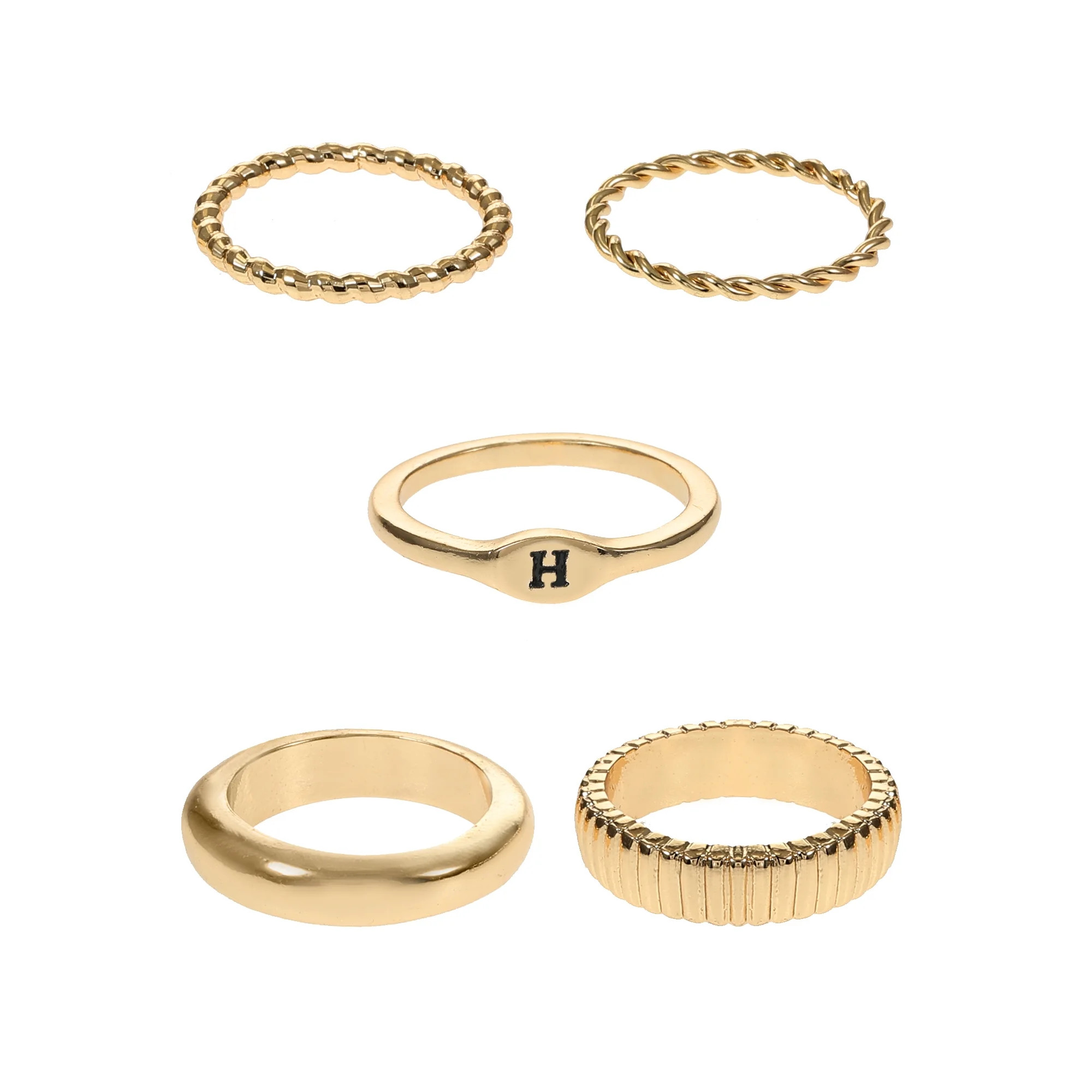 Time and Tru Goldtone Initial Letter Ring Set, 5 Piece, Size 7, Letter H | Walmart (US)