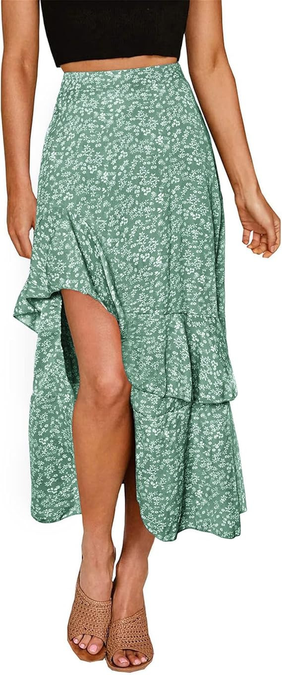 BTFBM Women 2026 Spring Summer Long Skirts Dress Boho Floral Elastic Waist Split Ruffle High Low ... | Amazon (US)