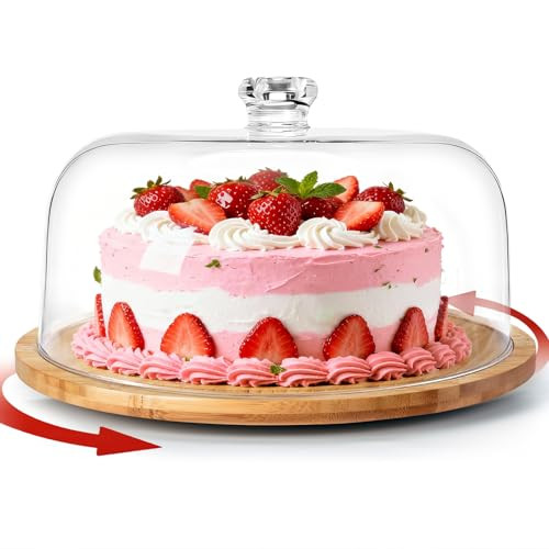 Masthome 11 IN Cake Stand with Lid, Bamboo Wood Rotating Cake Holder with Dome, BPA Free Cake Dish with Cover, Cake Plate with Cover for Birthday/Kitchen/Party/Weddings | Amazon (US)