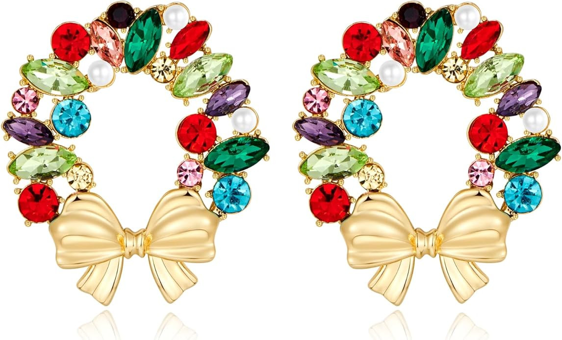 Christmas Wreath Earrings - Gold Metal Plated Colorful Bowknot Dangle Earrings Festive Holiday Je... | Amazon (US)