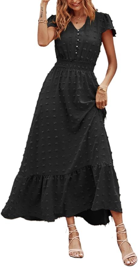 PRETTYGARDEN Women's Boho Dress Short Sleeve V Neck Swiss Dot Ruffle Tiered Maxi Dress Smocked Co... | Amazon (US)