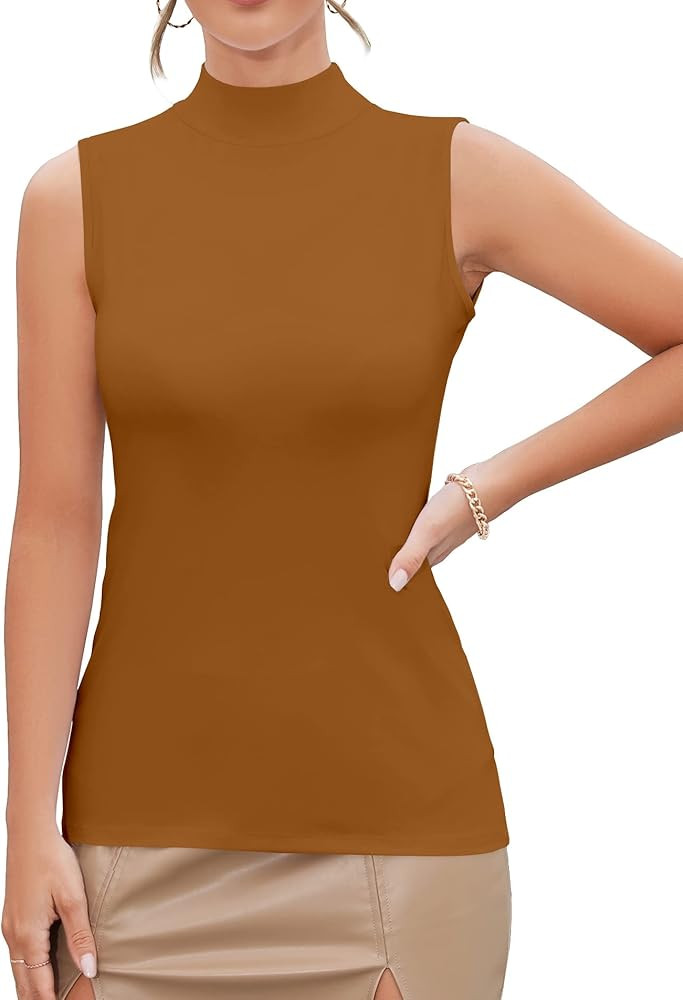MANGDIUP Women's Mock Turtleneck Long Sleeve Sleeveless Tops Basic Slim T-Shirts | Amazon (US)