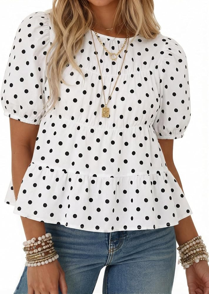 Tankaneo Womens Puff Sleeve Peplum Babydoll Tops Summer T-Shirts Blouse | Amazon (US)