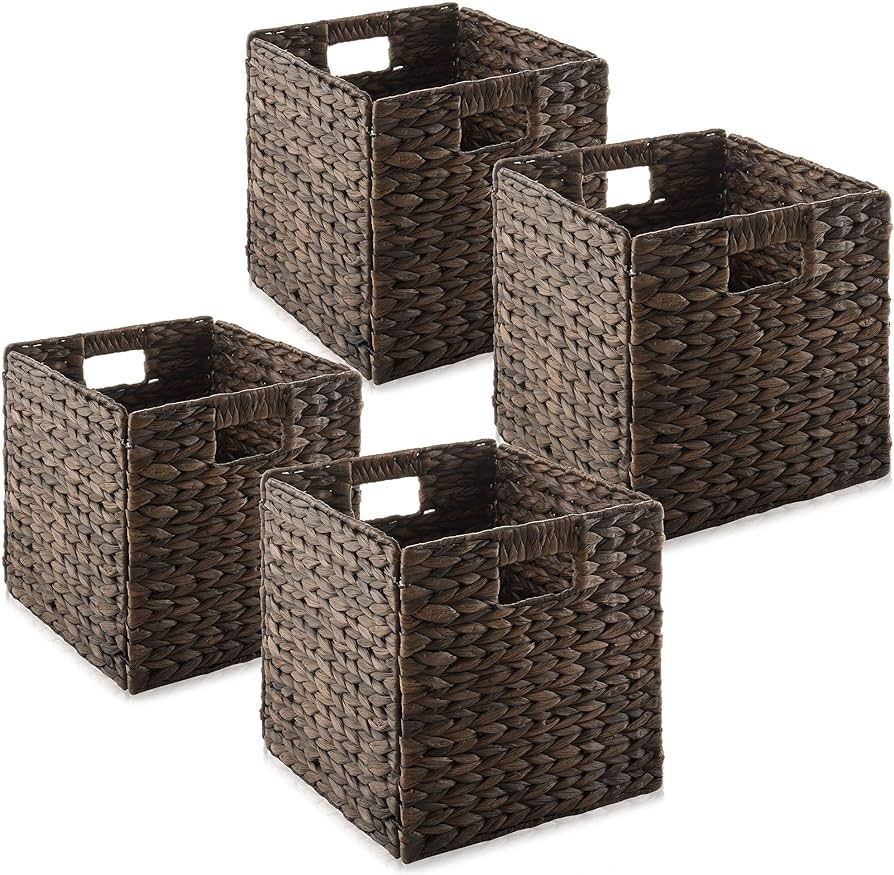 Casafield 10.5" x 10.5" Water Hyacinth Storage Baskets, Espresso - Set of 4 Collapsible Cube Orga... | Amazon (US)
