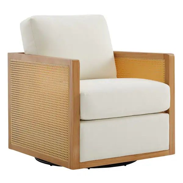 Luna Modern Faux Rattan Swivel Accent Chair for Living Room Bedroom - Cream Fabric with Natural F... | Bed Bath & Beyond