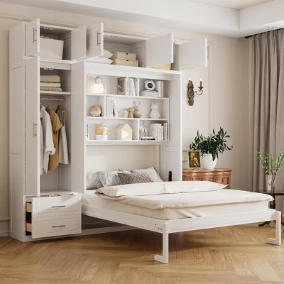 Queen Murphy Bed Wall Bed with Wardrobe, Queen Size Cabinet Bed Folding Wall Bed with Storage Cabinet and Shelves for Guest Room, White | Target