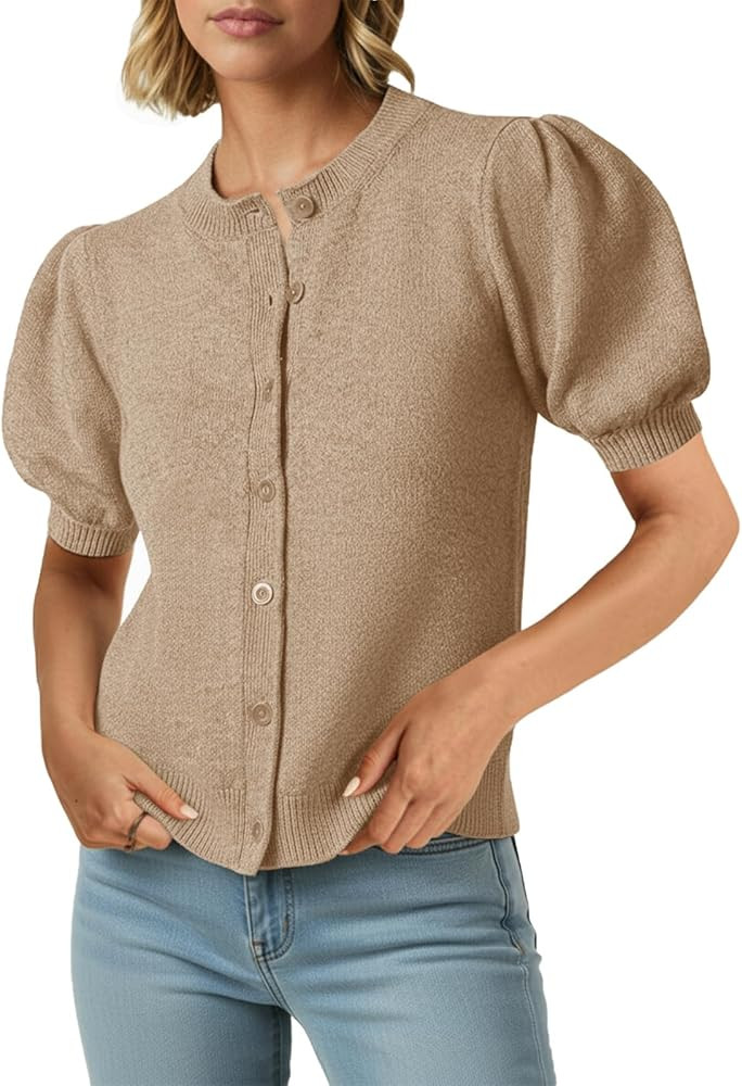 Saodimallsu Womens Puff Short Sleeve Cardigans Casual Summer Button Down Lightweight Knit Crew Ne... | Amazon (US)
