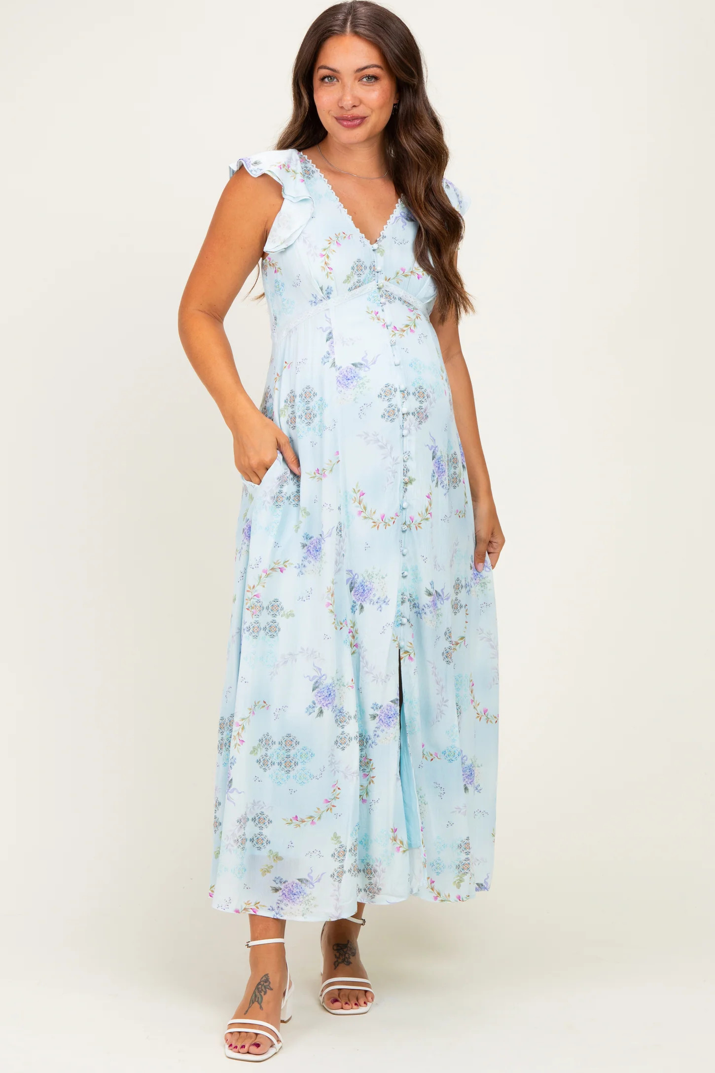 Dusty Pink Floral Button Down Maternity Maxi Dress | PinkBlush Maternity