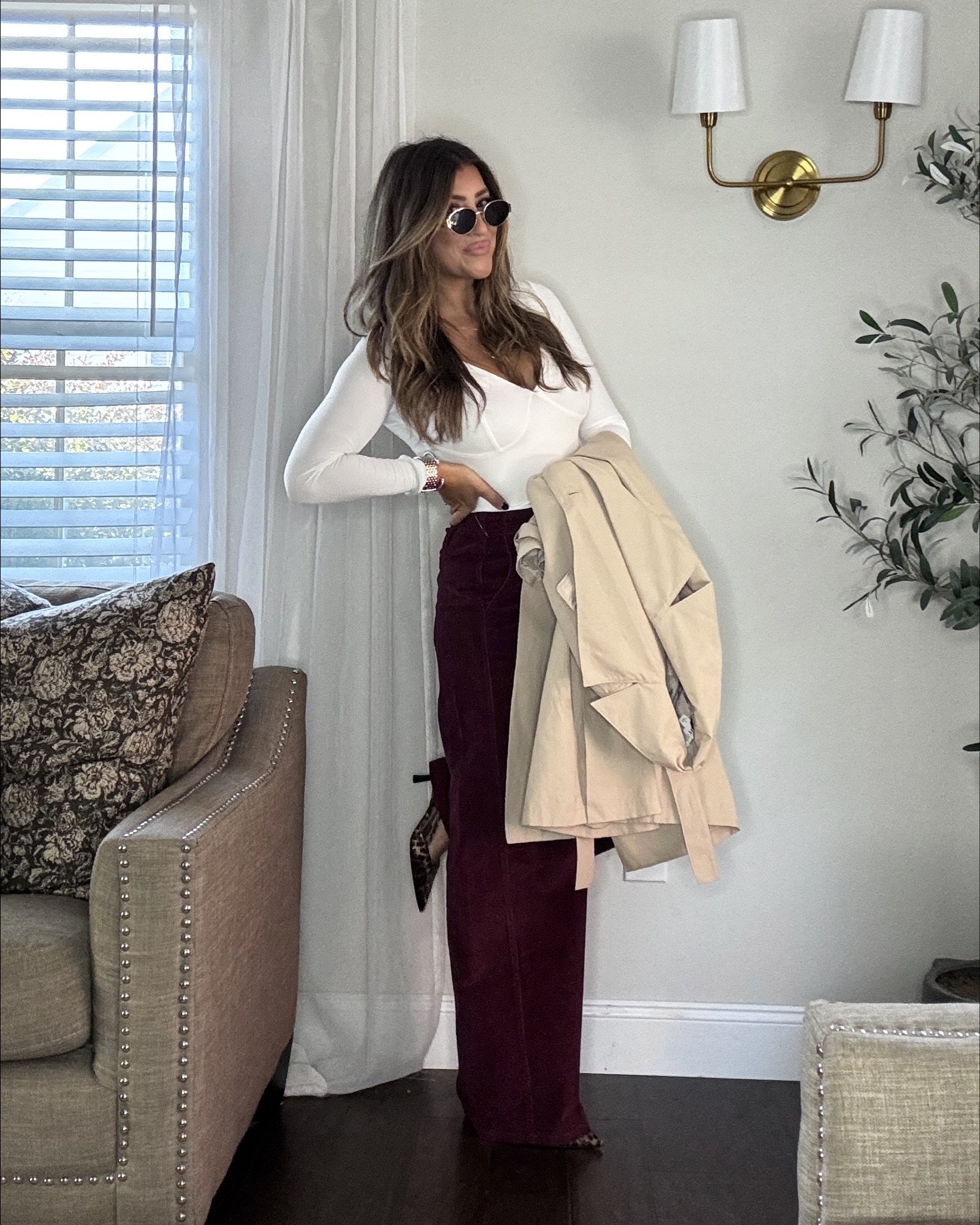 The cutest elevated causal fall outfit. Burgundy corduroy wide leg pants. Wearing tts. Med top and small in coat. TTS heels.  

#LTKStyleTip #LTKFindsUnder50 #LTKSeasonal