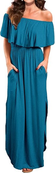 VERABENDI Women's Off Shoulder Summer Casual Long Ruffle Beach Maxi Dress with Pockets | Amazon (US)