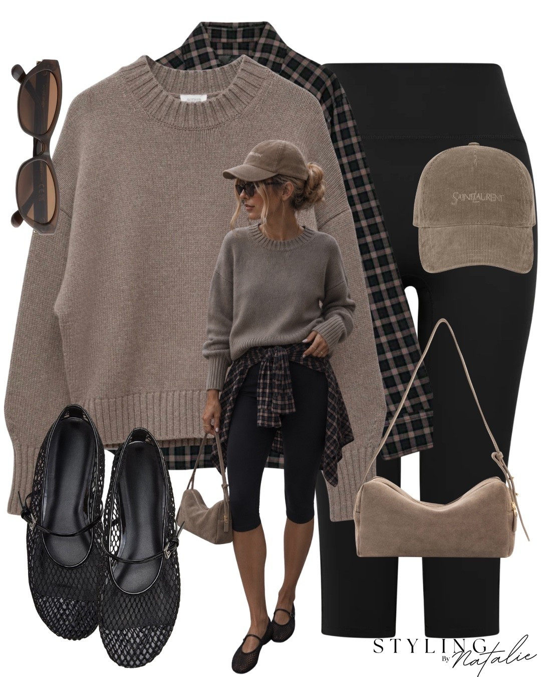 Checked shirt, taupe round neck knit jumper, black capri leggings. Suede bag, Saint Laurent hat, black mesh Mary Jane ballet flats.
Casual outfit, casual chic, autumn, fall outfit, knitwear, everyday style

#LTKautumn #LTKuk #LTKeurope