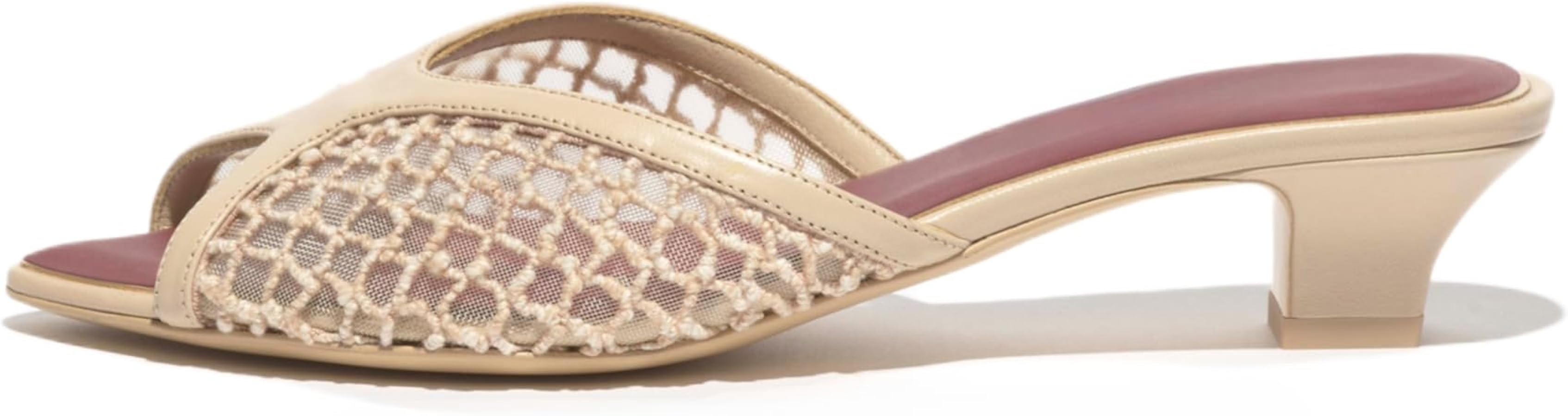 Chunky Peep Toe Heel Sandals for Women Mesh Open Toe Chunky Kitten Low Heels Summer Beach Casual Comfy Block Slip-On Mules | Amazon (US)