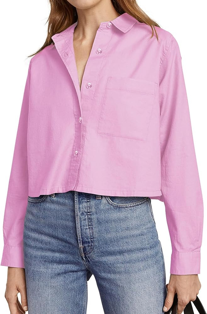 siliteelon Button Down Shirts for Women Cotton Cropped Long Sleeve Button Up Shirts Crop Shirts T... | Amazon (US)