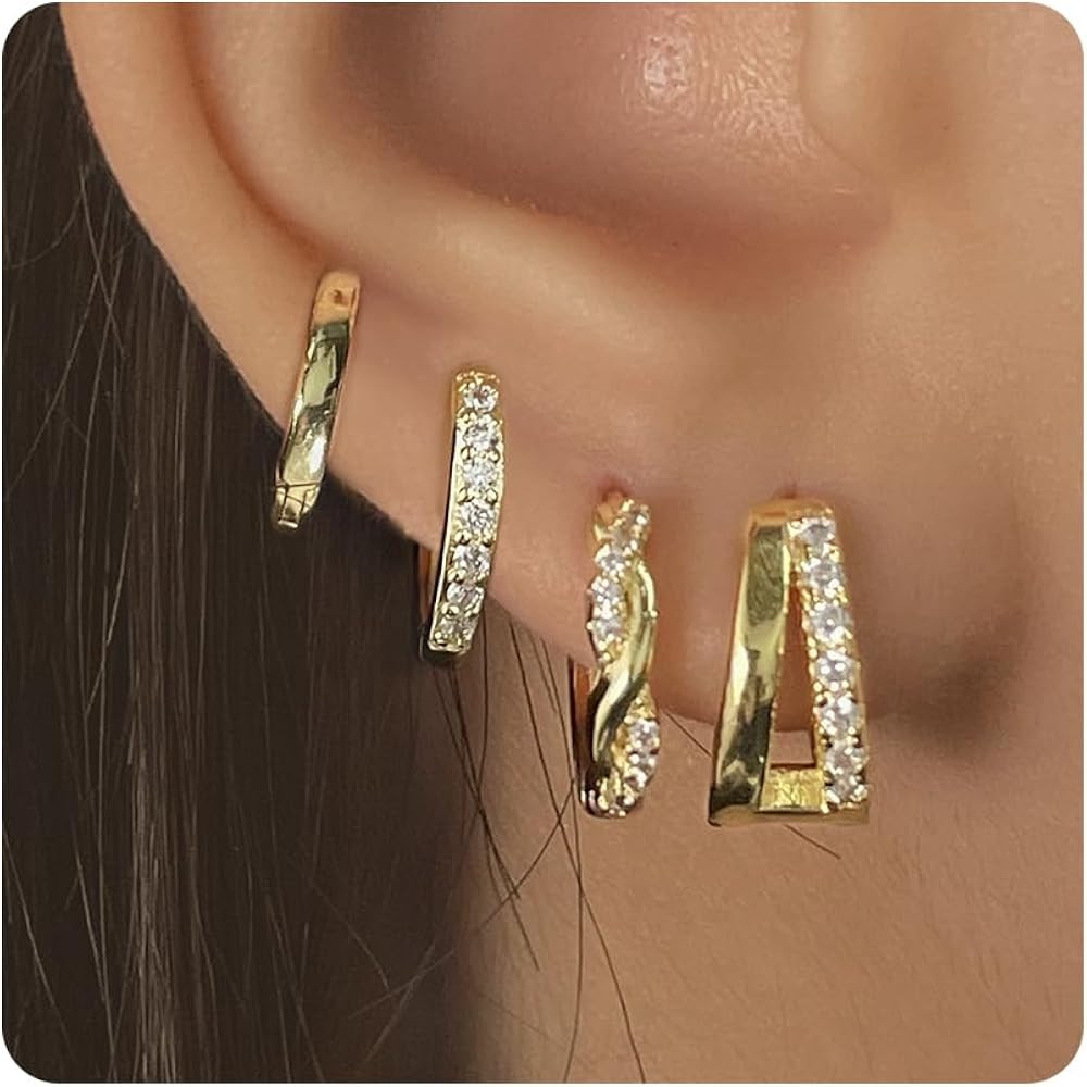 Bsoepnr 4 Pairs Gold Hoop Earrings Set, 14K Gold Plated Trendy Small Gold Huggie Earrings Stack H... | Amazon (US)
