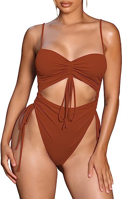 Viottiset Women's Cut Out Drawstring One Piece Swimsuit Cheeky High Cut Bathing Suit | Amazon (US)