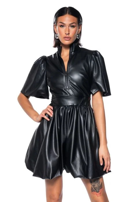 CUTE AND CLASSY PU BUBBLE MINI DRESS in black | AKIRA